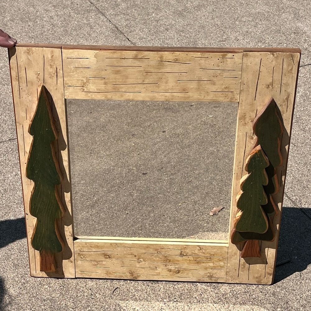 Rustic Wooden Wall Mirror with Green Tree Accents